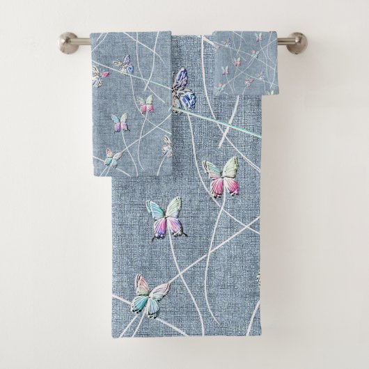 青空に舞う水彩蝶々の刺繍テクスチャー バスタオルセット (インサイチュ)