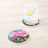 青空に華やかなピンクのバラ。花の写真 コースター (側面)