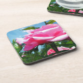 青空に華やかなピンクのバラ。花の写真 コースター (左側)