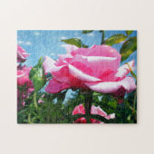 青空に華やかなピンクのバラ。花の写真 ジグソーパズル (横)