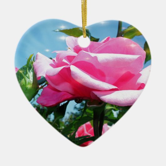 青空に華やかなピンクのバラ。花の写真 セラミックオーナメント (正面)