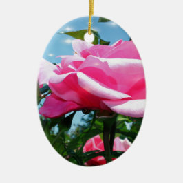 青空に華やかなピンクのバラ。花の写真 セラミックオーナメント