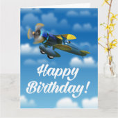青空のハッピーバースデーのヴィンテージの飛行機 カード (黄色い花)