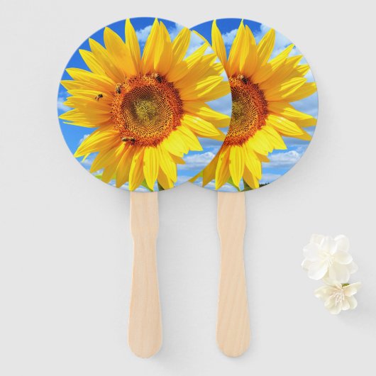 青空のハンドファンに黄色のひまわりとミツバチ ハンドファン (正面&裏面)