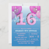 青空のピンク色のバルーンSweet sixteen 招待状 (正面)