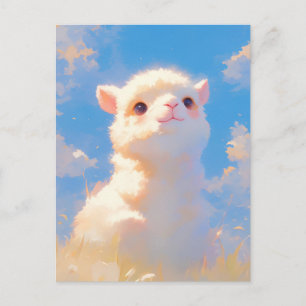 青空の下のふわふわの赤ちゃんの白いアルパカ ポストカード