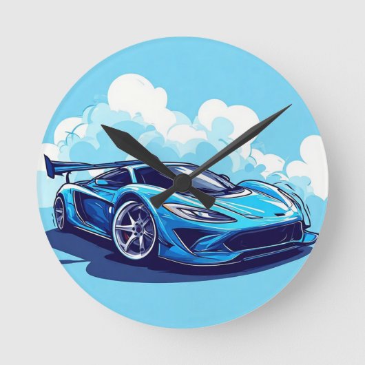 青空の下のスポーツ澄ん車 ラウンド壁時計 (正面)