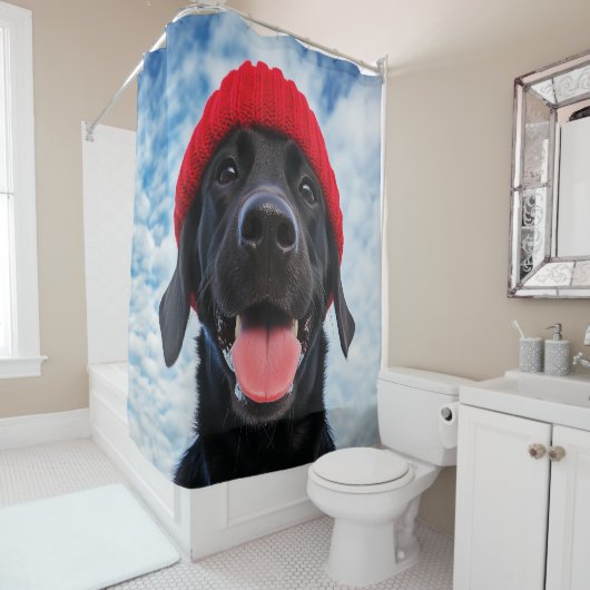 青空の下の赤いビーニーで幸せなラブラドール シャワーカーテン (インサイチュ)