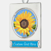 青空の太陽に対する黄色のひまわりテキスト シルバープレートバナーオーナメント (左)