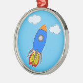 青空を飛ぶキャラクターの宇宙ロケット メタルオーナメント (左)