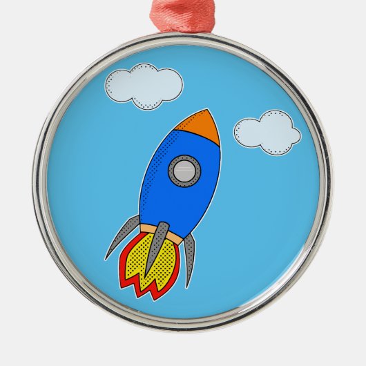 青空を飛ぶキャラクターの宇宙ロケット メタルオーナメント (正面)
