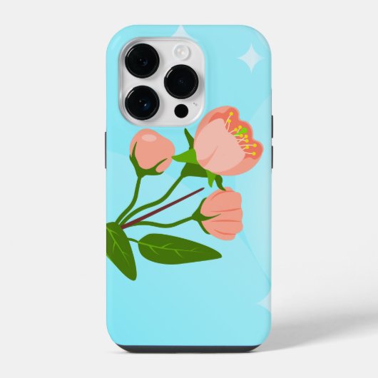青空グラデーションと春の枝の花咲くデザイン iPhoneケース (裏面)