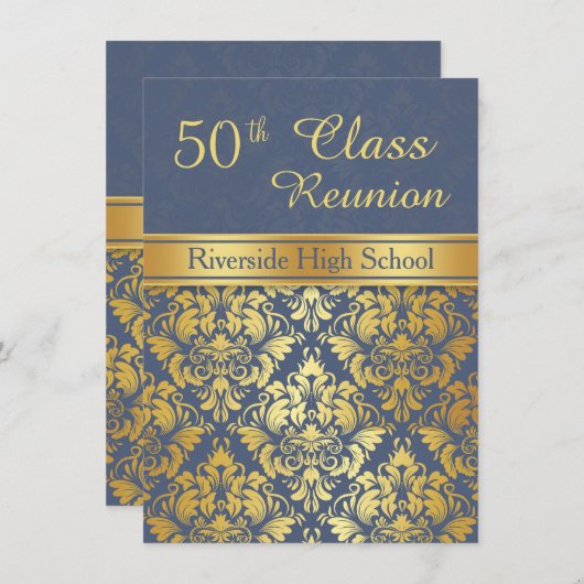 青第50の同窓会の招待の金ダマスク織 招待状 (正面/裏面)