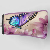 青素晴らしい蝶とピンクの花 ゴルフヘッドカバー (正面)