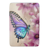 青素晴らしい蝶とピンクの花 バスマット (正面縦)