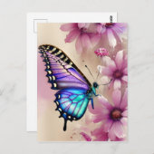 青素晴らしい蝶とピンクの花 ポストカード (正面/裏面)