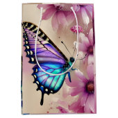 青素晴らしい蝶とピンクの花 ミディアムペーパーバッグ (正面)