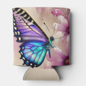 青素晴らしい蝶とピンクの花 缶クーラー (裏面)