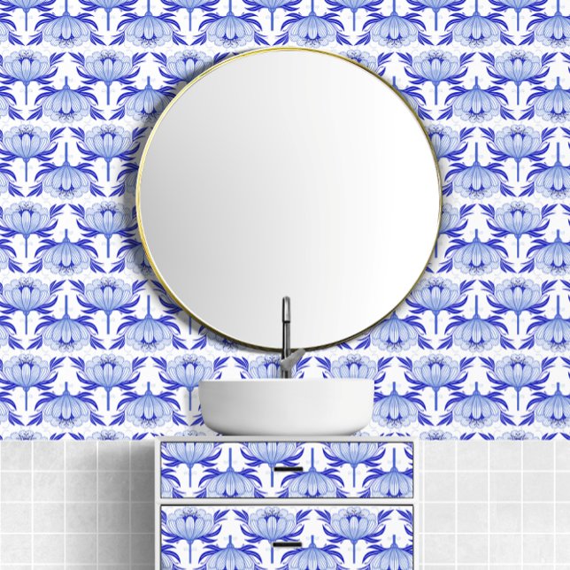 青素晴らし白の花柄40代スタイル 壁紙 (Stunning Blue And White Flower Pattern 40s Style Wallpaper from Ricaso. 
Easy peel & stick wallpaper)