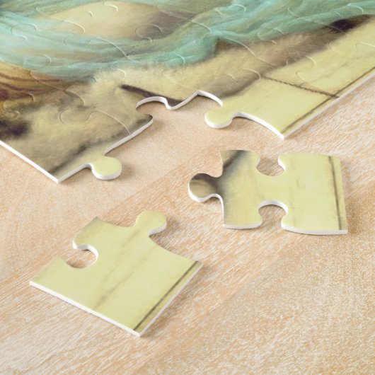 青素晴らし色の女性と緑の鳥 ジグソーパズル (側面)