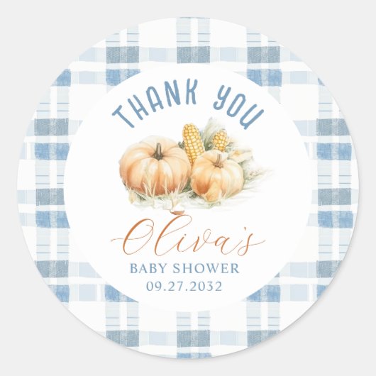 青素朴いストライプパンプキンベイビーシャワーありがとう ラウンドシール (正面)