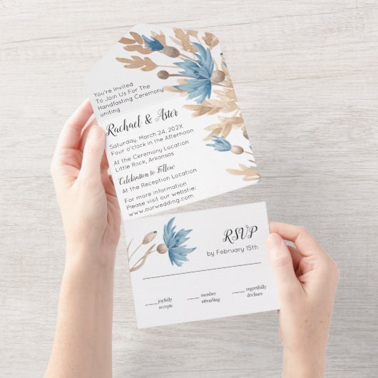 青素朴いドライフラワー結婚ズ オールインワン招待状 (貼ってはがせる)