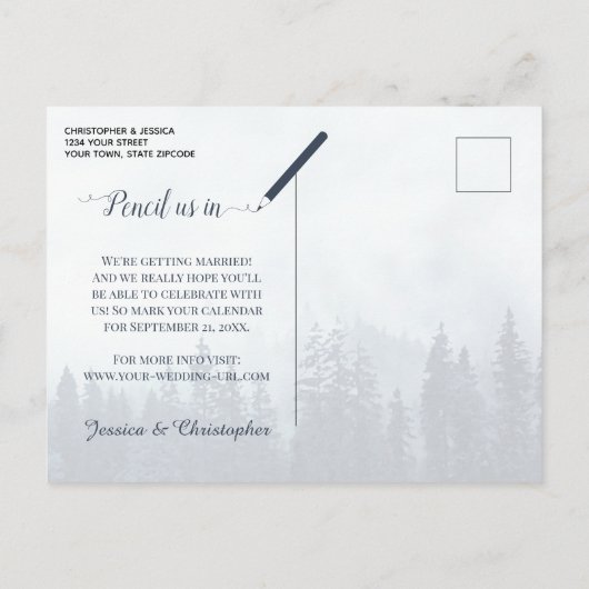 青素朴い森の結婚式の日付写真を保存 案内ポストカード (裏面)