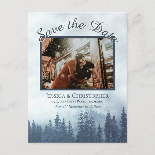 青素朴い森の結婚式の日付写真を保存 案内ポストカード (正面)
