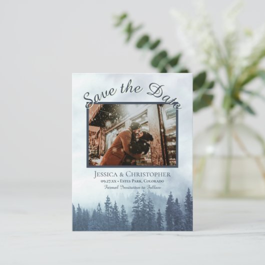 青素朴い森の結婚式の日付写真を保存 案内ポストカード (スタンド正面)
