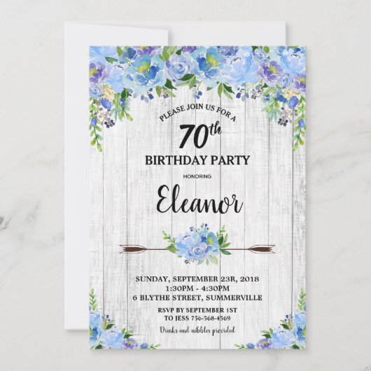 青素朴かわいらしフローラ花70誕生日 招待状 (正面)
