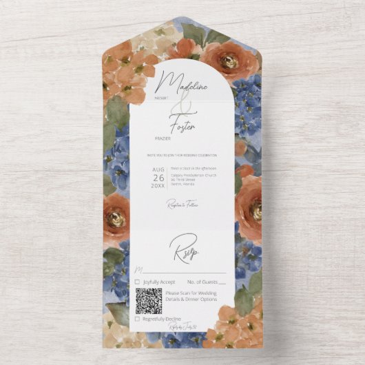 青素朴と燃えたオレンジ色の錆フローラQRコード オールインワン招待状 (内側)