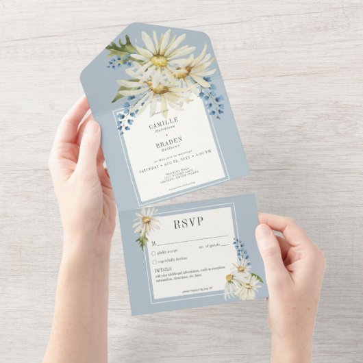 青素朴と白の水の色のデイジーなしディナー オールインワン招待状 (貼ってはがせる)