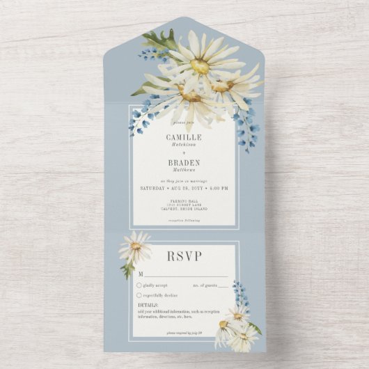 青素朴と白の水の色のデイジーなしディナー オールインワン招待状 (内側)