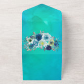 青素朴ティール(緑がかった色)水彩牡丹結婚の オールインワン招待状 (外側)