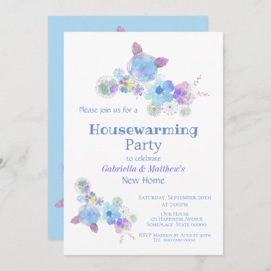 青素朴フローラ水色引っ越し祝いパーティーパーティー 招待状 (正面/裏面)