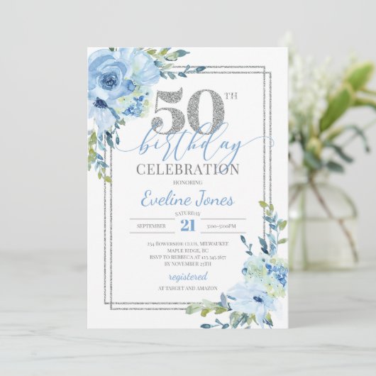 青素朴フローラ銀枠50歳の誕生日 招待状 (スタンド正面)