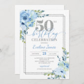 青素朴フローラ銀枠50歳の誕生日 招待状 (正面/裏面)