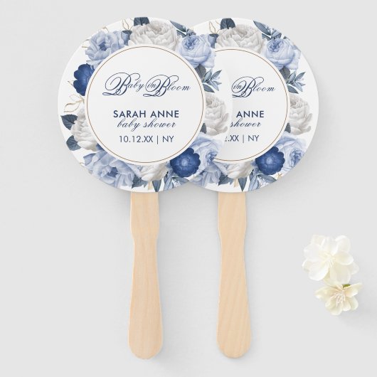 青素朴モダンと白の花の赤ちゃんシャワー ハンドファン (正面&裏面)