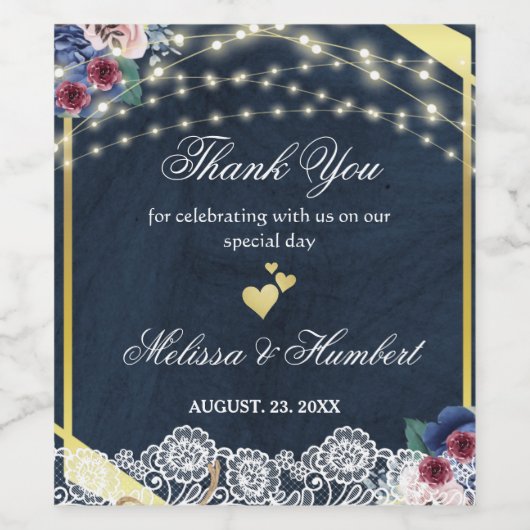 青素朴レースのストリングライトありがとうござ結婚う ワインラベル (シングルラベル)