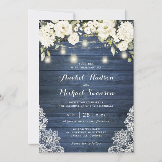 青素朴木ホワイトフラワーレースのメイソンジャース 招待状 (正面)