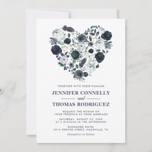 青素朴水色フローラハート結婚 招待状 (正面)