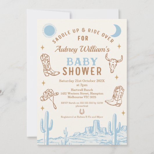 青素朴砂漠少年カウボーイ赤ちゃんシャワー 招待状 (正面)