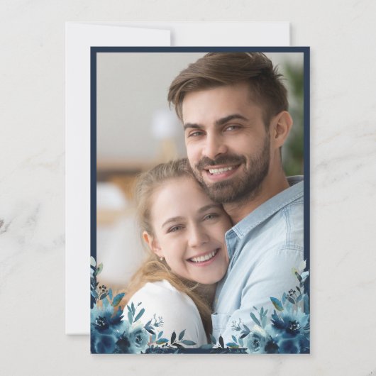 青素朴色のフローラスクリプ結婚ト写真 招待状 (裏面)