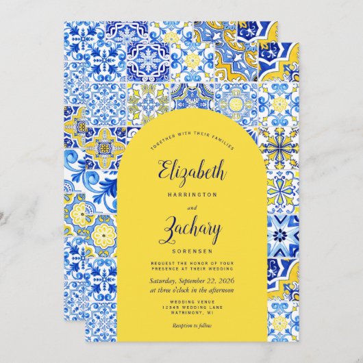 青素朴色の黄色のアーチポルトガル結婚タイル 招待状 (正面/裏面)