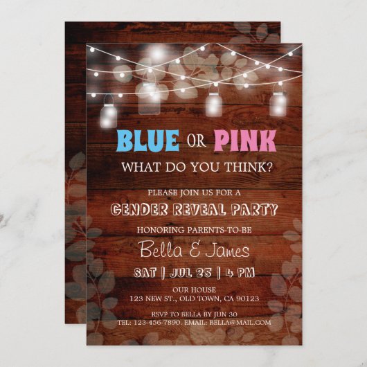 青素朴色またはピンク色の性別がパーティの招待状を明かす 招待状 (正面/裏面)