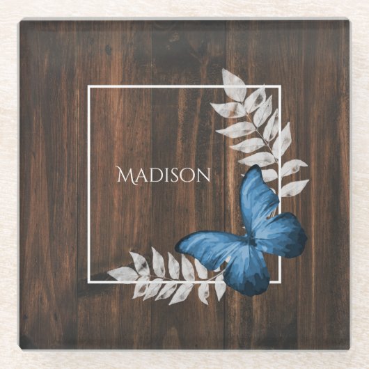 青素朴蝶ガラスパーソナライズされたコースター ガラスコースター (正面)