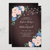 青素朴赤面ストリングライトウッド結婚ズ 招待状 (正面/裏面)