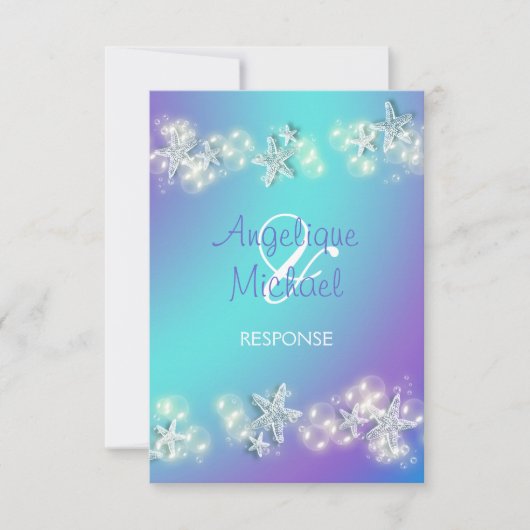 青紫のビーチスターフィッシュウェディング 出欠カード (正面)