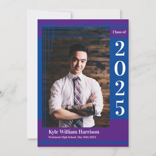 青紫の学校のカラー卒業写真 招待状 (正面)