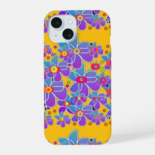 青紫の花が黄色に咲き乱れる iPhone 15ケース (裏面)